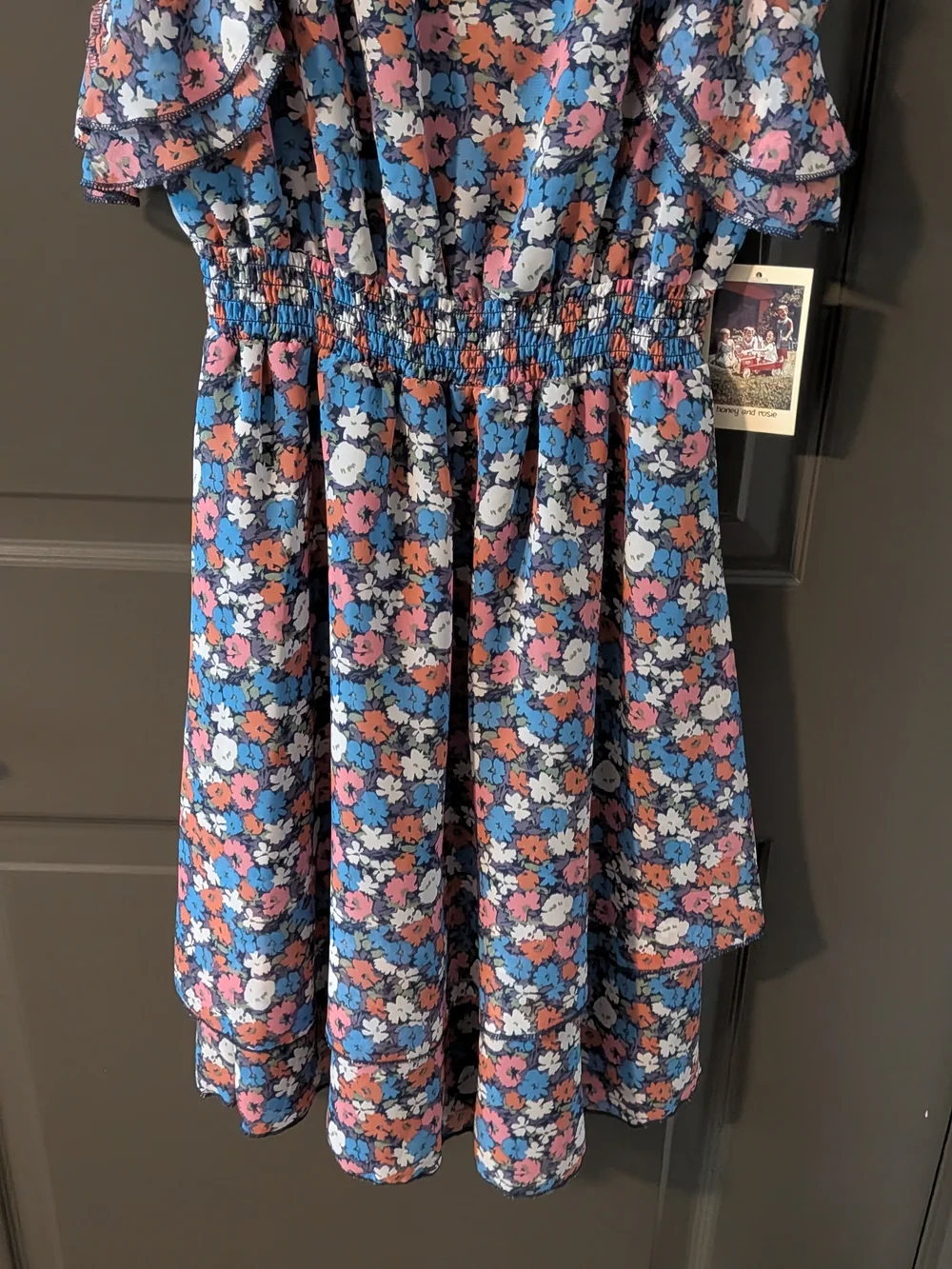 Flowers and Ruffles Smocked Waist Kids Dress - Blue/Pink